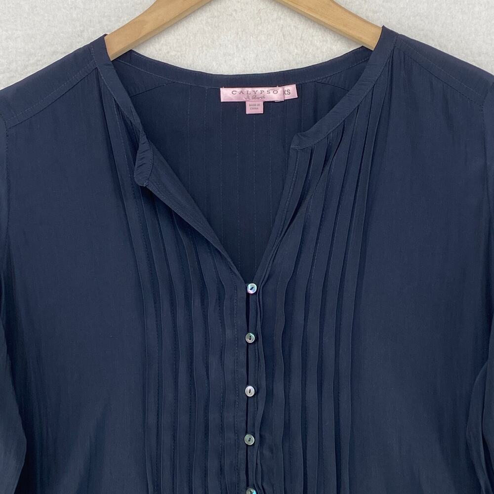 CALYPSO ST BARTH Top XS Satin Tunic Blouse Pintuck Popover Long Sleeve Blue - Picture 6 of 12
